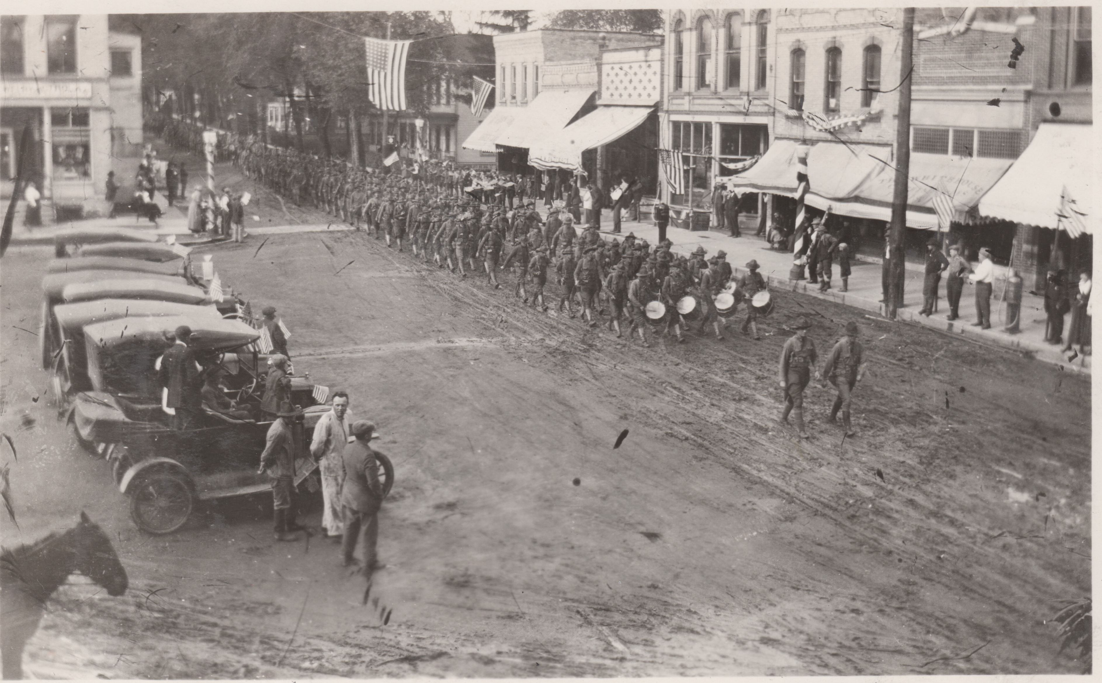 Troops marched through town in 1918.