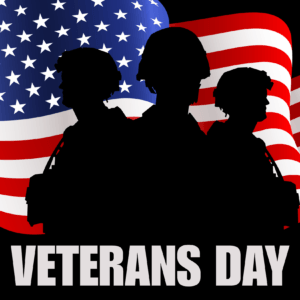 siloette of solders in front of the America flag Veterans Day