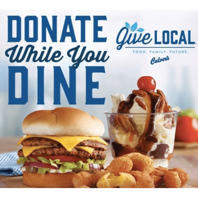 Donate while you dine give local with cheeseburger, cheese curds, and a milkshake