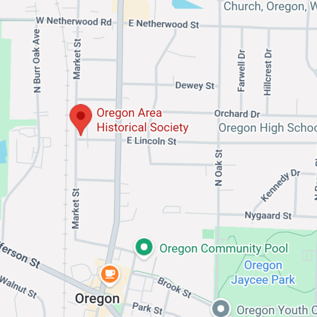 The Oregon Area Historical Society is located on the corner of Lincoln and Market Street